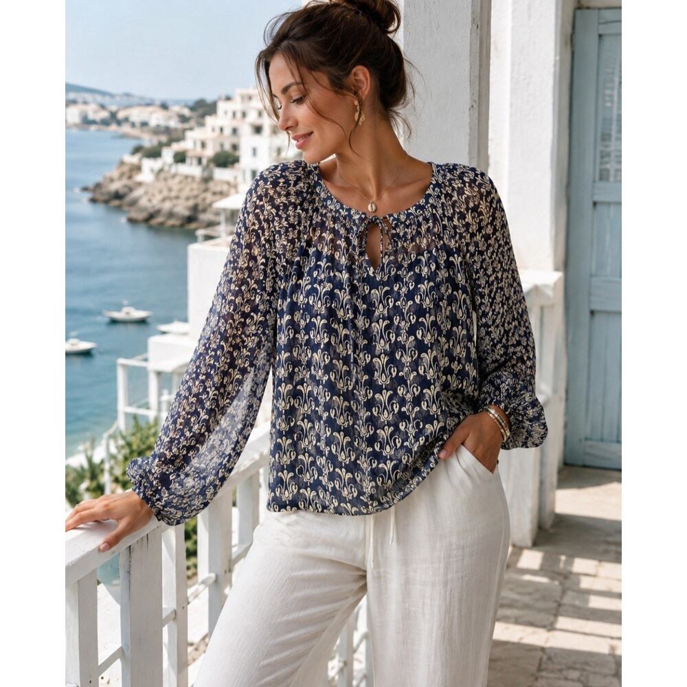 John Robshaw X Lucky Brand Blouse L Navy Cream Sheer Rayon Boho Peasant Top